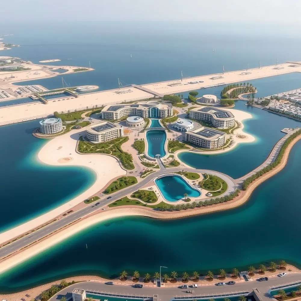 Aerial view of DAMAC Island with lagoons and beaches