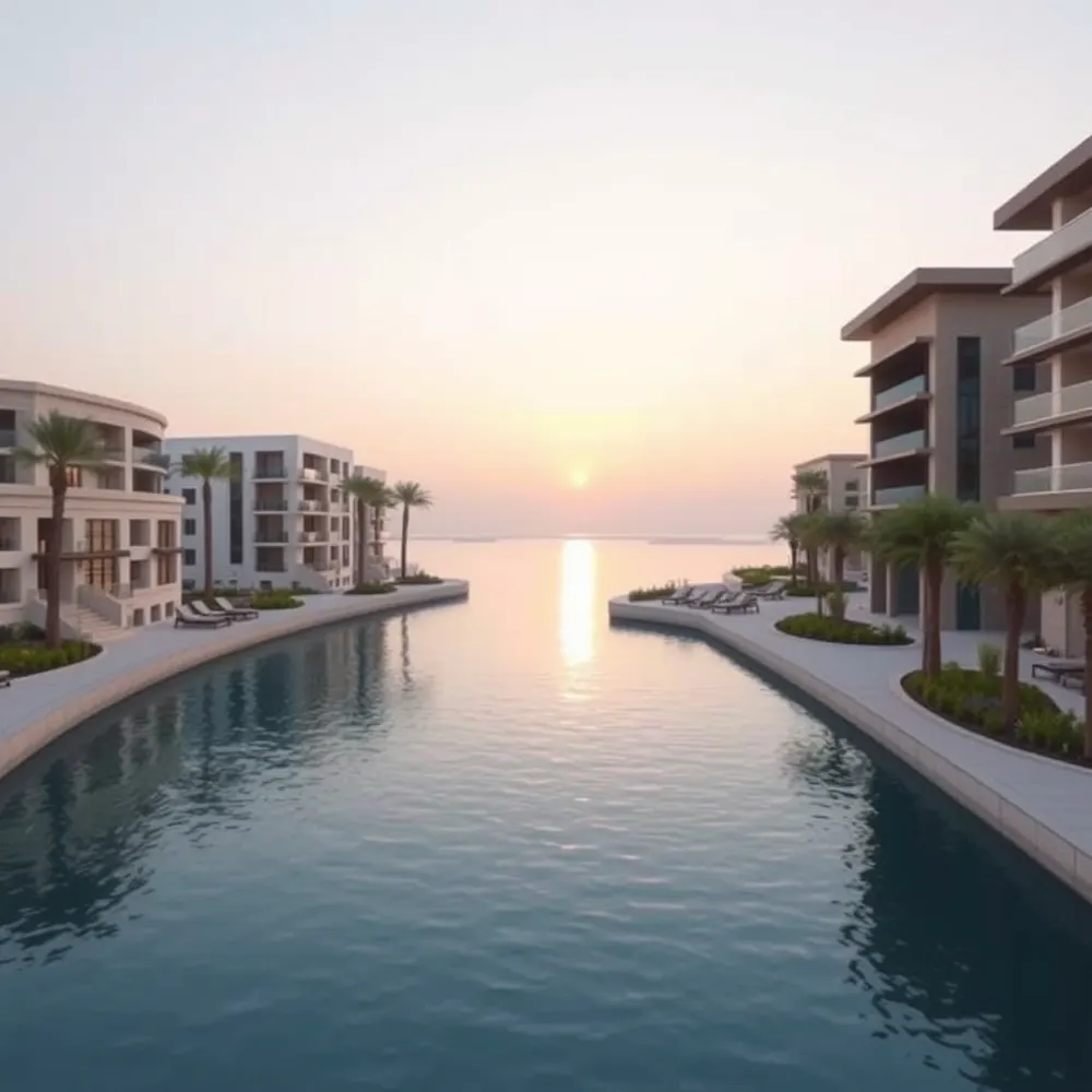 DAMAC Riverside waterfront residences at sunset