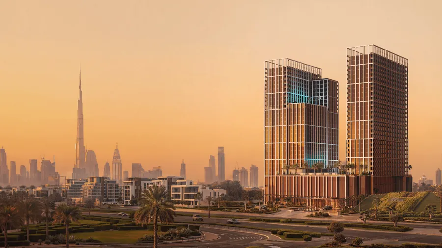 Binghatti Spectre towers rendering at sunset