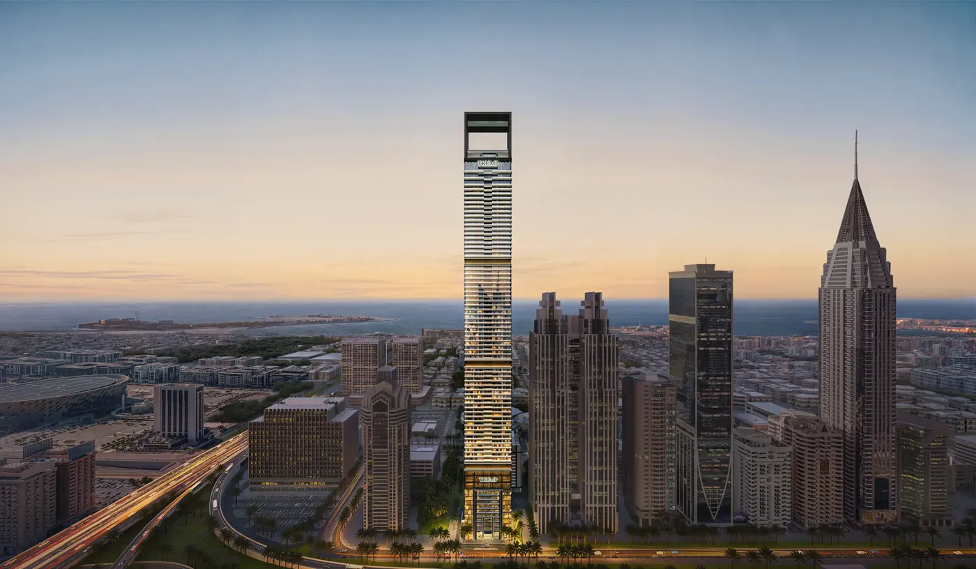 Trump International Hotel & Tower Dubai on Sheikh Zayed Road at dusk, developer rendering